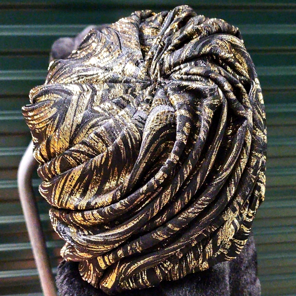 #antique hat made by usa union, Elegant Black and Gold Hair Turban